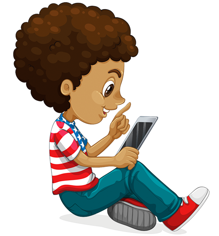 Pictured smiling a cartoon boy using a tablet